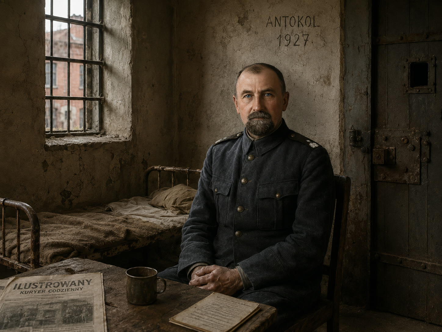 Gen. Tadeusz Rozwadowski w więzieniu na Antokolu po zamachu majowym 1926 (rekonstrukcja AI, oznaczona).